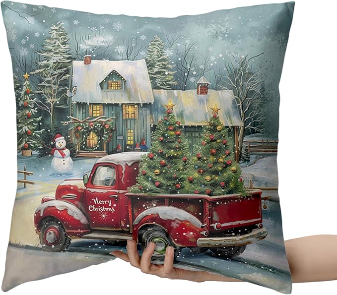 Red Truck Christmas Pillow Covers 18x18 Set of 2 Merry Christmas Pillow Case Xmas Tree Cabin Snowman Cushion Case for Winter Holiday Decorations Couch Bedroom