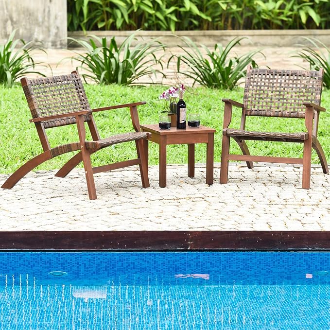 Tangkula 3 Pieces Patio Conversation Set, Solid Eucalyptus Wood Frame Outdoor Wicker Furniture Set Bistro Set with Coffee Table, Rattan Furniture Set for Backyard Porch Garden Poolside Balcony (Brown)