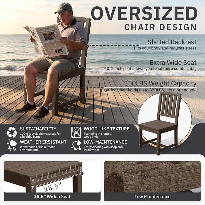 AreShark 7-Piece Outdoor Dining Set,HDPE Patio Table with 6 Armless Chairs,All-Weather Patio Furniture Set with Umbrella Hole,Low Maintenance Wood Grain Dining Set for Backyard,Garden,Poolside,Black