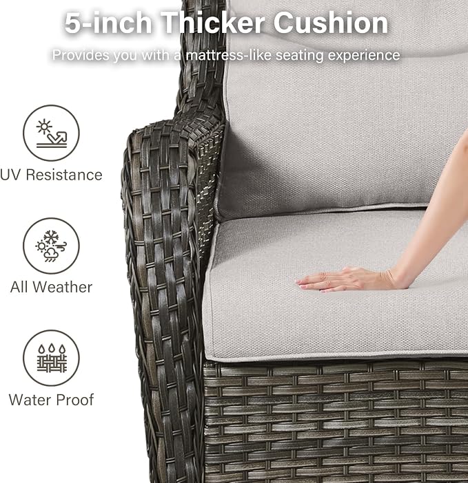 Outdoor Swivel Rocker Patio Chairs with 2 Ottomans - 5" Thick Cushion 5 Piece Furniture Set All Weather Wicker Conversation Set with Side Table for Porch Poolside and Deck - Gray/Beige