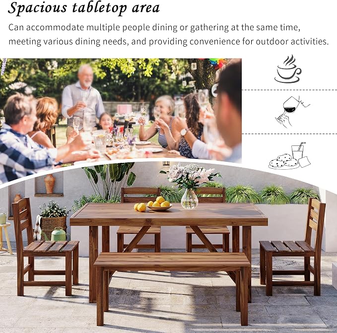 RUNNA Acacia Wood 6-Piece Outdoor Dining Set, Minimalist Patio Furniture with Dining Table,Bench and 4 Chairs for Garden, Balcony, Poolside (Brown-A1)