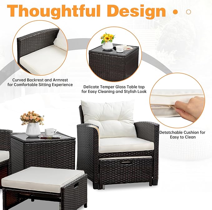 Shintenchi 5 Pieces Patio Furniture Set, Outdoor Wicker Patio Conversation Set with Ottoman, All Weather Rattan Outside Chairs with Coffee Table & Cushion for Porch, Garden, Backyard, Beige
