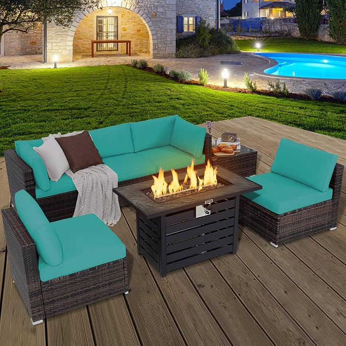 Tangkula 7-Piece Outdoor Patio Furniture Set with 42" Propane Fire Pit Table, Outdoor Wicker Conversation Set with Cushions and Tempered Glass Coffee Table, 50,000 BTU Gas Fire Pit Table (Turquoise)