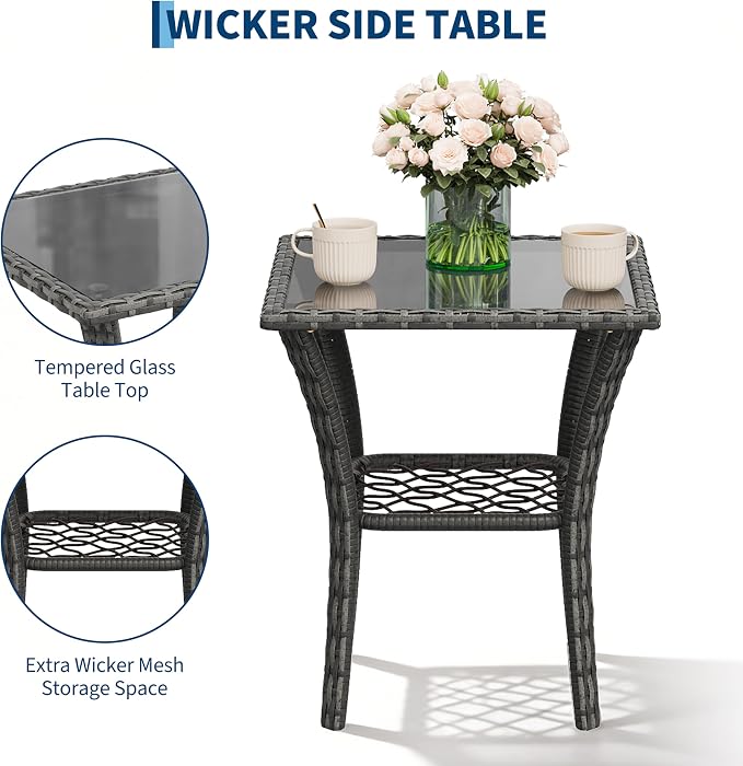 Outdoor Swivel Rocker Chairs Set, 3-Piece Patio Furniture with Washable Cushions & Glass Tabletop, Swivel Glider Rocker Set for Deck Porch Balcony Backyard Garden, Gray Wicker & Blue Cushions
