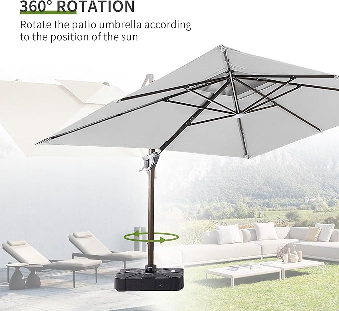 JZAC & QZYD 9x12 FT Outdoor Cantilever Patio Umbrella with Base Included and LED Lights, Large Heavy Duty 2-Tier Aluminum Offset Umbrellas with 360-Degree Rotation for Pool Deck, FogGrey