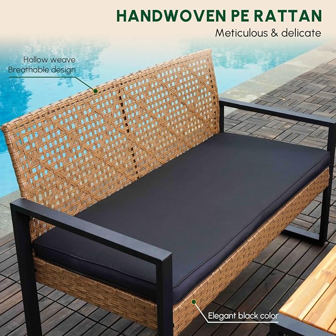 BEEFURNI Wicker Patio Furniture Outdoor Conversation Set of 4, Rattan Outdoor Furniture Set, Acacia Wood Table, 2 Chairs, 1 Loveseat, 2” Cushions, All Weather Set for Patio, Porch, Balcony (Brown)