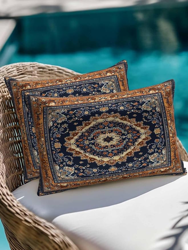 Outdoor Pillows with Inserts Set of 2 12x20, Blue Burnt Orange Boho Waterproof Outdoor/Indoor Throw Pillows, Antique Southwestern Tribal Decorative Pillow for Bed Couch Sofa Patio Furniture