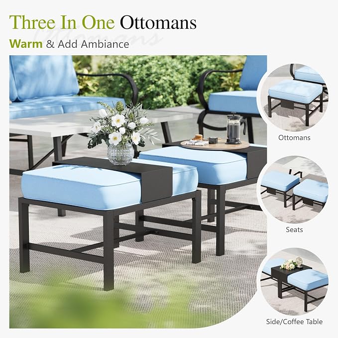 Sophia & William Patio Furniture Sets for 5 Outdoor Metal Conversation Sets 5 Pcs with 2 x Cushioned Swivel Sofa Chairs, 2 x Ottomans as Coffee Table, 1 x 3-Seat Sofa, Lawn Backyard Poolside Blue