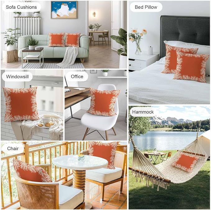 Vandarllin Outdoor Throw Pillows Covers 26x26 inch Set of 2 Waterproof Orange Coral Decorative Zippered Cushion Covers for Patio Furniture, Coastal Marine Life Lumbar Pillowcases