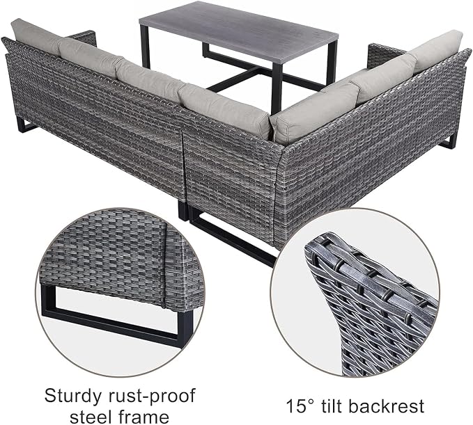 Belord Outdoor Sectional Furniture with Swivel Rocker Chair, 10 Pieces Wicker Patio Furniture Sets with Ottoman L Shaped Sofa Coffee Table Beige Cushion