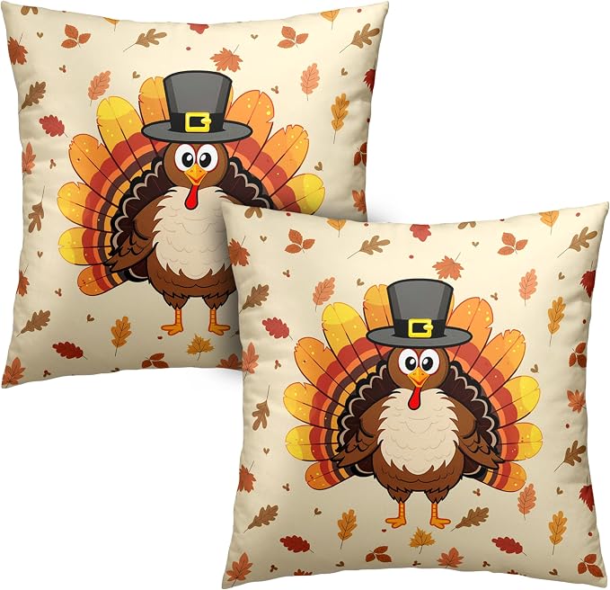 Pack of 2 Thanksgiving Throw Pillow Covers Cartoon Turkey with Autumn Maple Leaves Pillow Covers 24x24 Fall Leaves Pillow Case Square Cushion Case for Living Room Couch