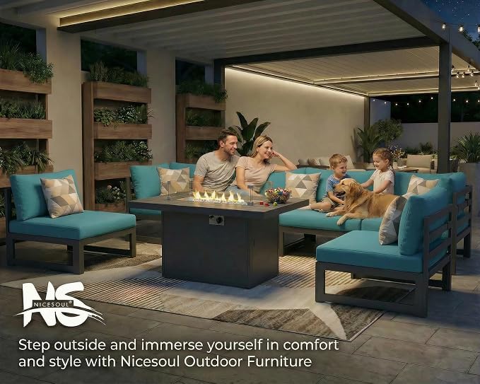 NICESOUL 7 Pcs Large Modern Aluminum Outdoor Patio Furniture Set with Fire Pit Table Propane/Gas, 29" Wide Deep Seat, Fade Resistant Sectional Sofa, 500 lbs Sturdy Backyard Conversation Set, Turquoise