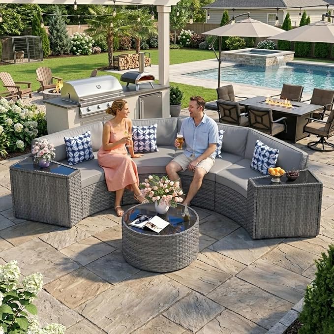 ABCASA Outdoor Patio Furniture Set with Coffee Table,7 Pieces Half-Moon Curved Outdoor Sectional Sofa and Side Table Waterproof Cover, Wicker Rattan Patio Coversation Set for Porch,Backyard(Grey)