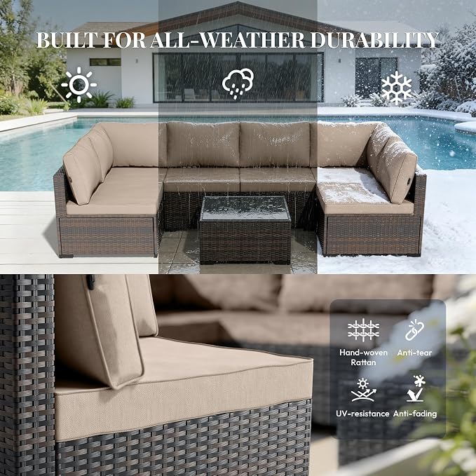 WWR Patio Furniture Set 7 Piece - All-Weather - Wicker Rattan Patio Outdoor Conversation Set, Modular Sectional Sofa for Backyard, Garden, Poolside, Balcony, Porch, Patio, Brown/Khaki