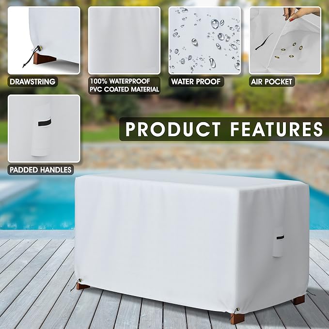 Covers & All Patio Deck Box Cover - Heavy Duty 12 Oz Waterproof Outdoor Yard Cushion Storage Box Protection 100% Weather Resistant with Air Pockets and Drawstring. (52" W X 27" D X 27" H, White)