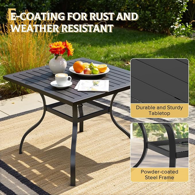 Crownland 5 Piece Patio Dining Set, 4 Swivel Metal Chairs and Square Outdoor Dining Table with 1.57" Umbrella Hole, Outdoor Furniture Dining Set for Lawn, Backyard, Garden(Black)