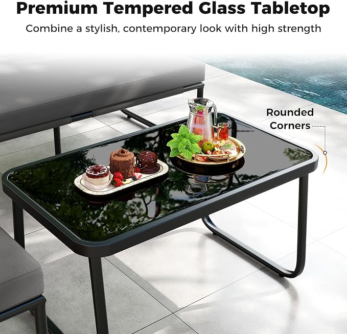 Tangkula 4 Pieces L Shaped Patio Furniture Set, Outdoor Metal Sectional Sofa Couch with Cushions and Tempered Glass Coffee Table, Outside Conversation Set for Garden, Deck and Yard (Gray,2)