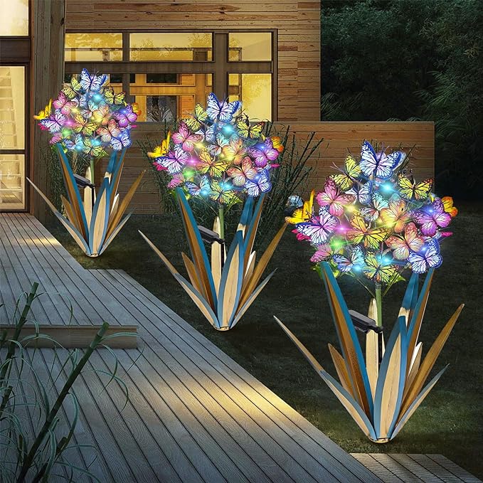 Homight Solar Metal Agave Butterfly Flower Stick Garden Sculpture - Outdoor Christmas Lights With Swaying Butterfly Sunflower - Solar Outdoor Gift (3 PCS Blue)