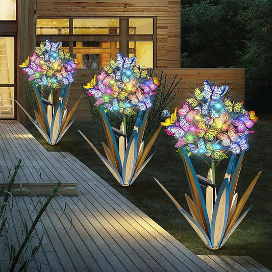 Homight Solar Metal Agave Butterfly Flower Stick Garden Sculpture - Outdoor Christmas Lights With Swaying Butterfly Sunflower - Solar Outdoor Gift (3 PCS Blue)
