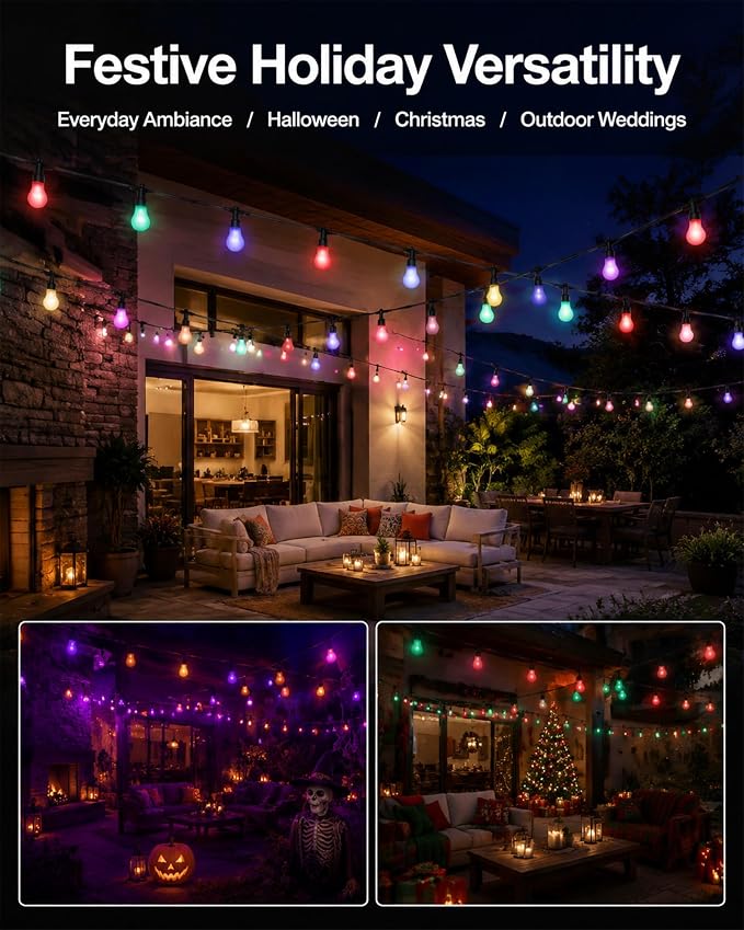 27FT RGBW Outdoor String Lights Shatterproof Dimmable Patio | IP65 Waterproof, 200+ Dynamic Modes, Music Sync, App & Remote Control, Zip Ties Included, -4°F to 158°F Weatherproof