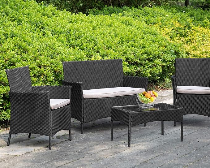 PayLessHere Patio Furniture Sets 4 Pieces Outdoor Indoor Use Rattan Chairs Wicker Conversation Sets for Backyard Lawn Porch Garden Balcony,Black