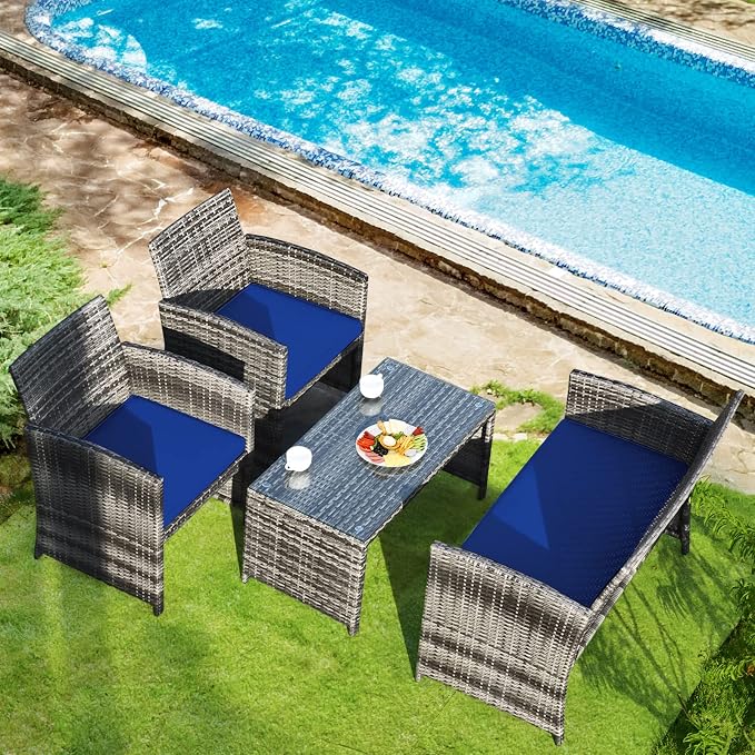 Outdoor Conversation Set, 4 Pieces Wicker Patio Furniture Set with Ergonomic Curved Design, Patio Chair Set with Water-resistant Cushion & Tempered Glass Table for Balcony,Porch(Navy Blue)