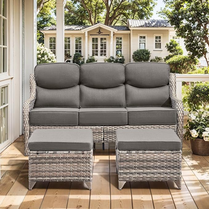 HUMMUH 7 Pieces Wicker Patio Furniture Set with Patio Swivel Chairs Set of 4,High Back Outdoor Sofa Ottomans,6 Inch Thick Cushions Outdoor Conversation Set for Porch, Balcony, Deck