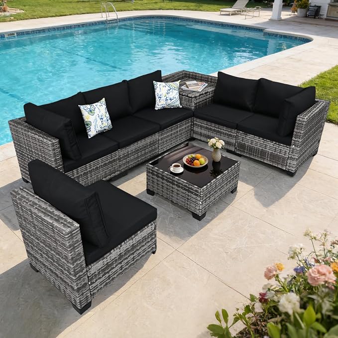 8 Pieces Patio Furniture Set with Storage, Outdoor Sectional Sofas | Storage Box with a Waterproof Bag, Wicker Modular Outdoor Sectional Furniture with Thick Cushions for Deck, Porch, Black