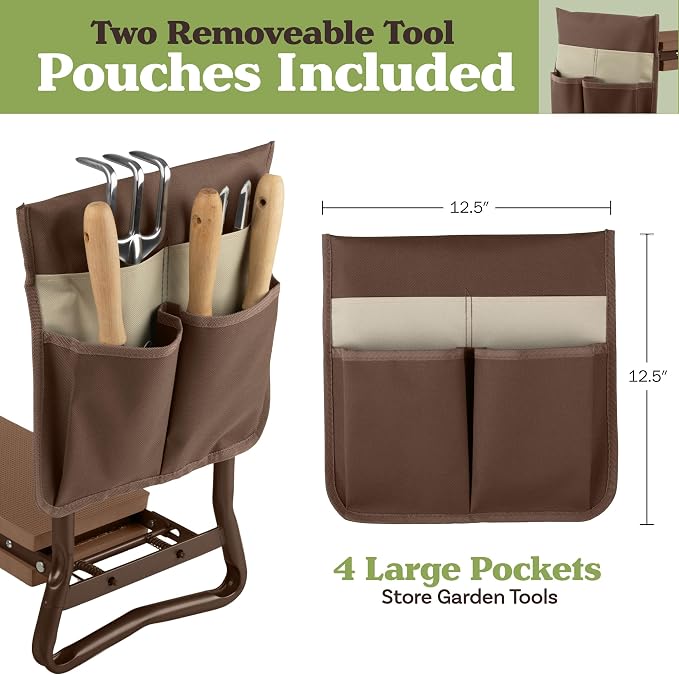 Pure Garden Garden Kneeler and Seat - 2-in-1 Foldable Garden Kneeling Pad and Stool with Removable Pockets for Gardening Tools - Gardening Gifts for Women, Mom, Dad, Seniors or Grandparents (Brown)