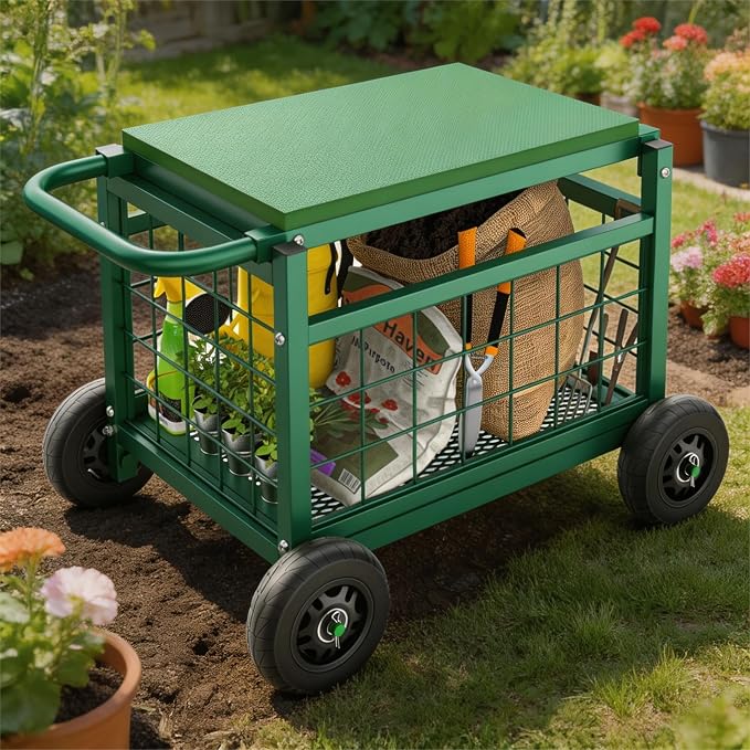 Extra Large Garden Cart with Seat, 3-in-1 Rolling Workseat with Wheels | Upgraded Large Storage Basket Garden Rolling Stools with Wheels, Supports up to 500 LBS for Seniors Gardening, Green