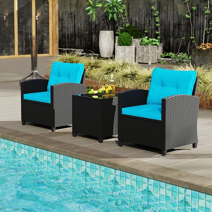ORALNER 3 Pieces Patio Furniture Set, Wicker Conversation Set Outdoor Chairs with Cushions, Glass Coffee Table, Rattan Bistro Set for Front Porch Balcony Garden Deck Poolside (Turquoise)