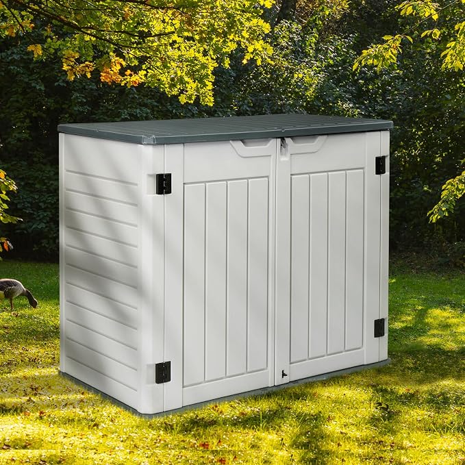 Upgraded 260 Gallon Outdoor Storage Box, Lockable HDPE Storage Containers with Lid, Wooden Grain Surface Deck Box Patio Furniture for Garden, Pool, Balcony, Yard