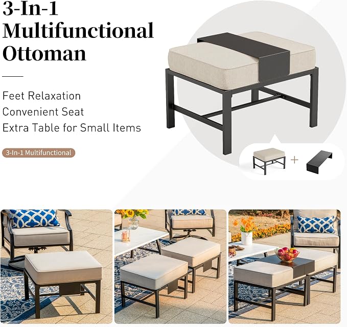 SUNSHINE VALLEY Patio Furniture Set, Modern Metal Outdoor Patio Furniture, 3 Seater Sofa, 2 Swivel Chairs, 2 Ottomans, Coffee Table and 5.75" Extra Thick Cushion, Patio Conversation Set for Backyard