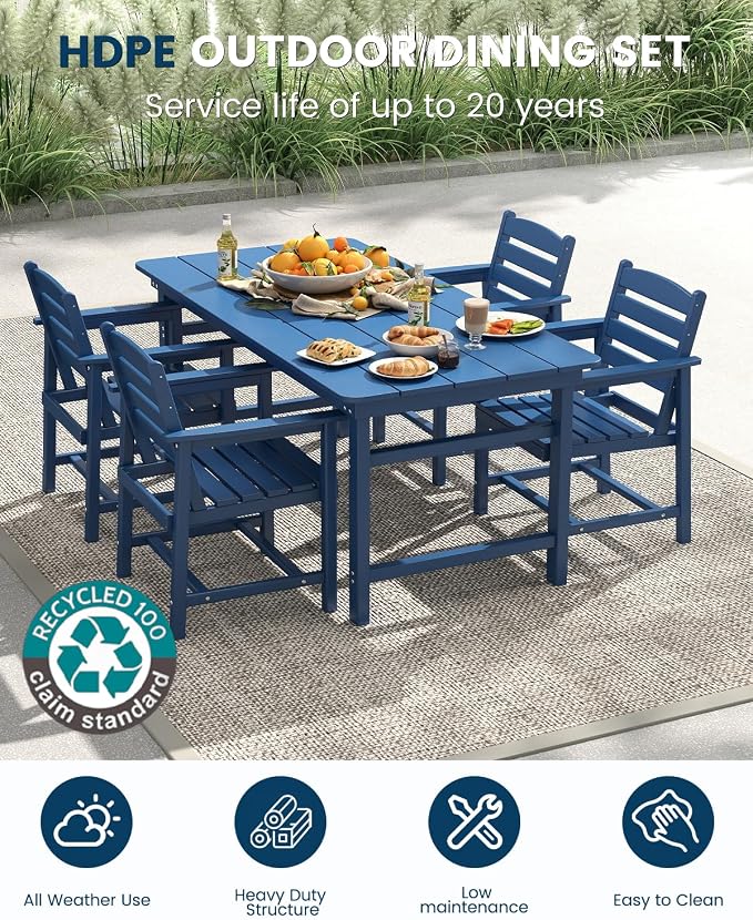 FOOWIN 5-Piece Patio Dining Sets Outdoor Table and Chairs HDPE Outdoor Dining Set with Umbrella Hole,Outdoor Furniture Dining Set for 4 Blue