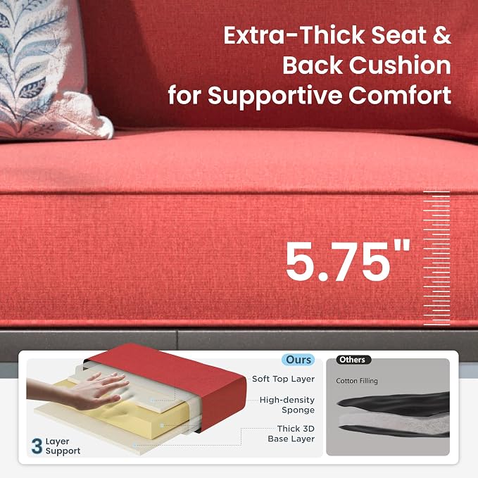 PHI VILLA Patio Furniture Set, a Loveseat, 3-Seater Sofa, 2 Fixed Chairs, and a Coffee Table, Outdoor Metal Conversation Set with 5.75" Extra Thick Cushion for Garden Backyard Deck, Red