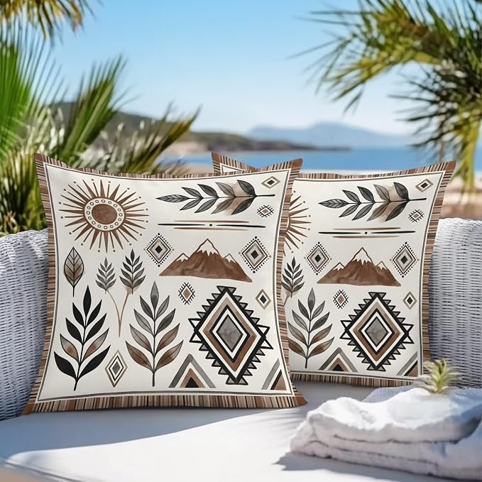 Bohemian Waterproof Outdoor Throw Pillow Covers 18''x18'' Pack 2, Mountain Peak Southwest Boho Brown Distressed Pillow Cases Throw Cushion Cover with Zipper, Washable Pillowcase for Poolside Sofa