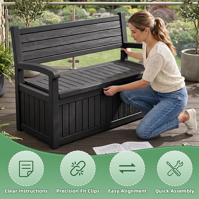 80 Gallon Outdoor Storage Bench Deck Box Waterproof Resin Lockable UV Resistant Benches Furniture Outside Porch Patio Pool Garden Tool Cushion Black