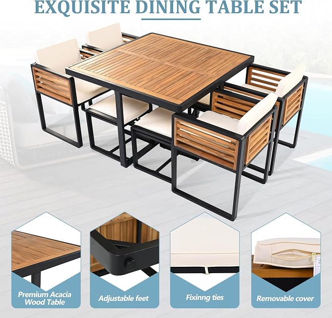 18-Piece Outdoor Patio Acacia Wood Dining Table Set, 2 Square Table with 8 Cushioned Chairs& 8 Stools, All-Weather Resistant Conversation Set with Metal Frame, Space-Saving Design for 8 (Beige-18P)
