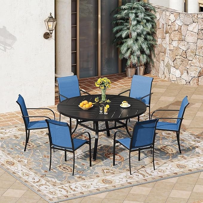 VICLLAX 7 Pieces Patio Outdoor Dining Set, 47.2" Round Metal Table with Umbrella Hole and Storage Shelf, 6 Stackable Textilene Chairs for Patio, Lawn, Garden, Porch, Black/Dark Blue