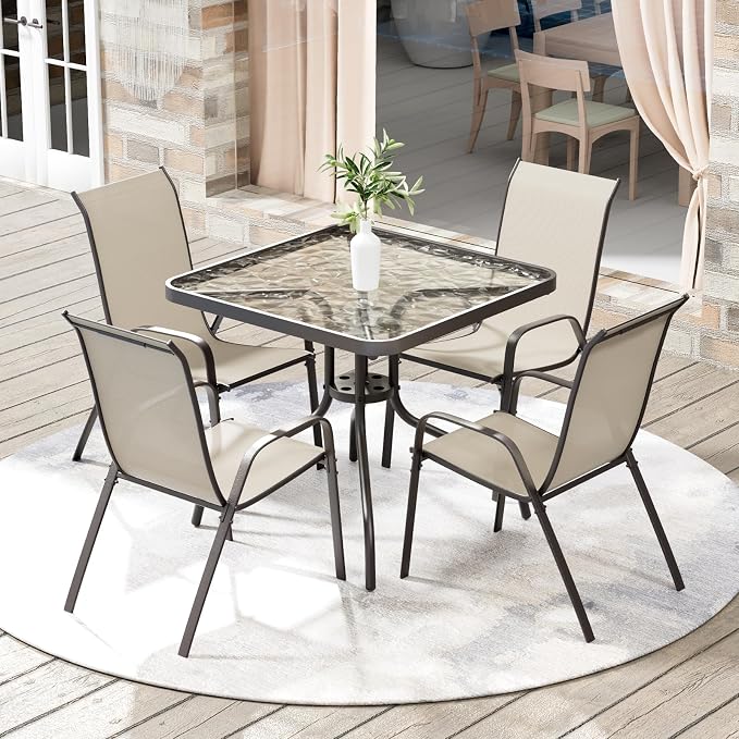 Arlopu 5 Piece Outdoor Patio Dining Set (Umbrella not Included), Porch Furniture with 4 Textline Chairs, 1 Square Glass Table for Garden, Backyard and Poolside, Lawn (Beige)