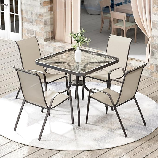 Arlopu 5 Piece Outdoor Patio Dining Set (Umbrella not Included), Porch Furniture with 4 Textline Chairs, 1 Square Glass Table for Garden, Backyard and Poolside, Lawn (Beige)