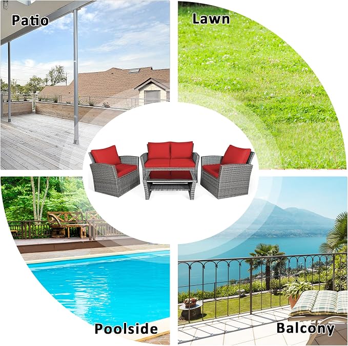 COSTWAY 4 Pieces Patio Rattan Furniture Set, Outdoor Wicker Sofa Set with Tempered Glass Coffee Table, Cushions, All Weather Rattan Conversation Set for Yard Balcony Backyard Pool (Red)