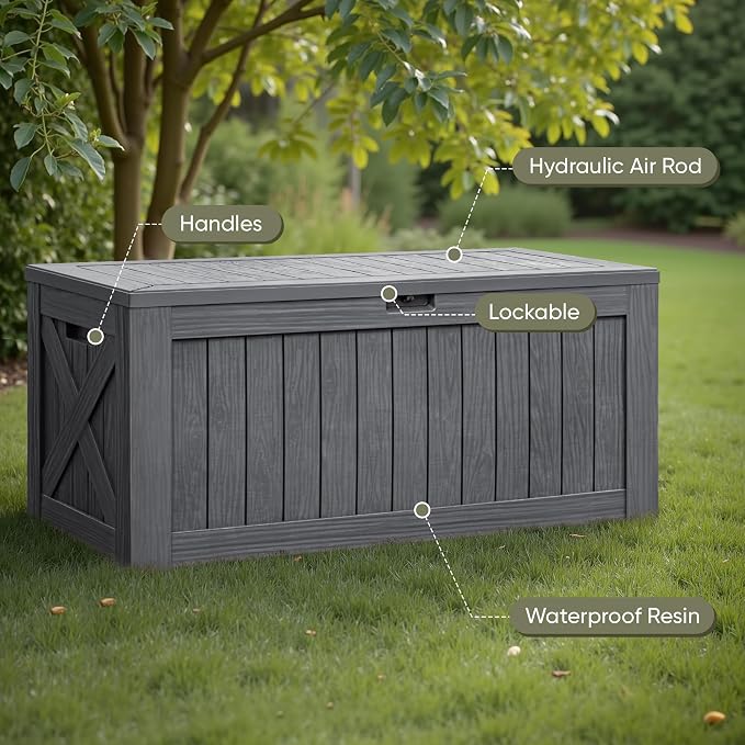 Flamaker Resin Deck Box 120 Gallon Waterproof Large Outdoor Indoor Storage Box Imitation Wood Resin for Patio Furniture Garden Tools and Pool (Gray)