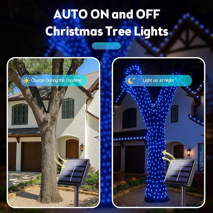 Solar Fairy Lights, 2 Pack Total 400LED 144FT Waterproof String Lights | Blue, Copper Wire, 8 Lighting Modes Solar Twinkle Lights for Tree Garden Patio Party Outdoor Christmas Decorations