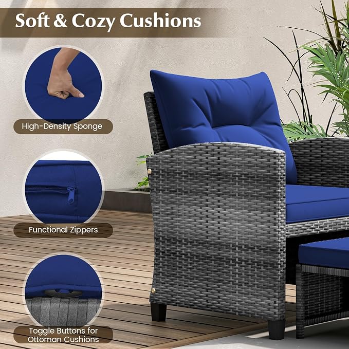 KOTEK 5 Pieces Patio Furniture Set with Ottomans, Wicker Patio Conversation Set with Coffee Table & Cushions, PE Rattan Outdoor Lounge Chairs for Backyard, Porch, Poolside (Mix Grey- Navy)