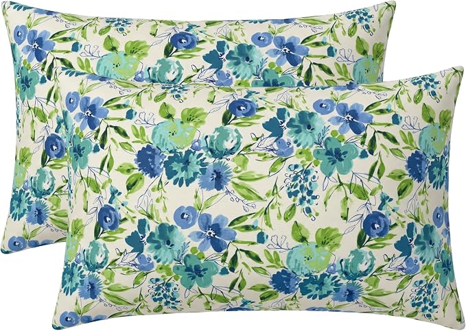 RSH DECOR: Lumbar Throw Pillows Set of 2 | 20” x 12" | All-Weather Spun Fabric | Outdoor Support Pillows for Patio Furniture | Made in USA (Bettina Aqua)