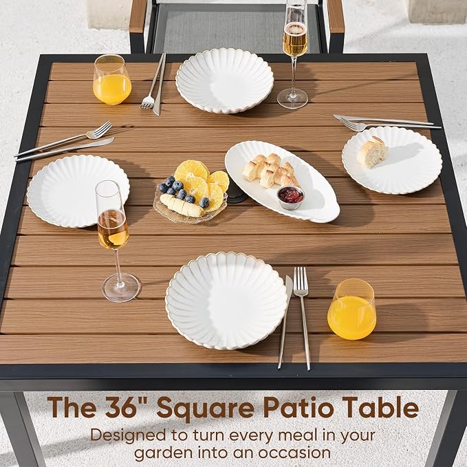 NATURAL EXPRESSIONS HDPS Patio Outdoor Table and Chairs Set for 4, Patio Dining Set with 4 Textilene Chair and 36” Square Fauxwood Patio Table with Umbrella Hole for Garden, Backyard, Deck (Grey)