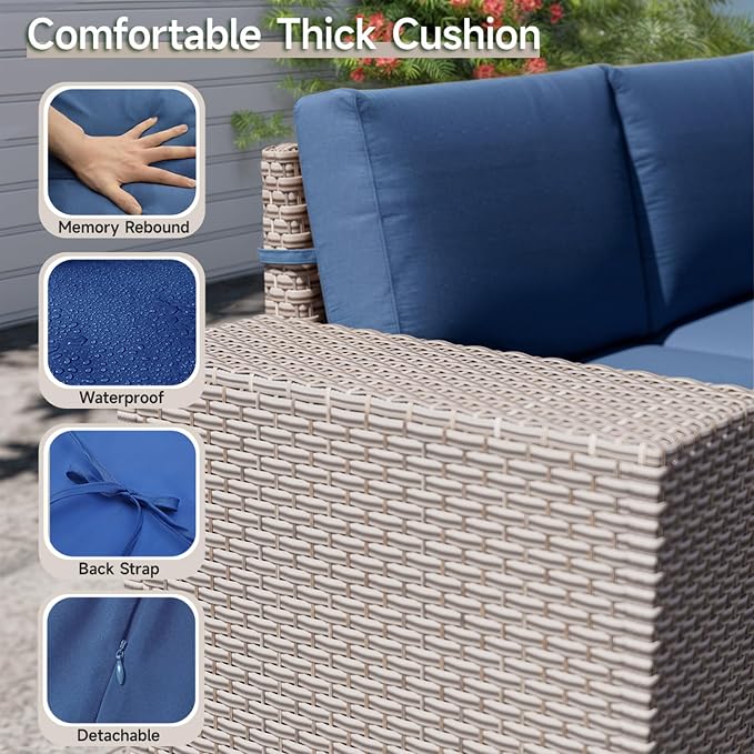 6-Piece Outdoor Patio Furniture Set, Modular Sectional Sofa Set with Glass Coffee Table and Cushions, Wicker Outdoor Couch Conversation Sets, Blue