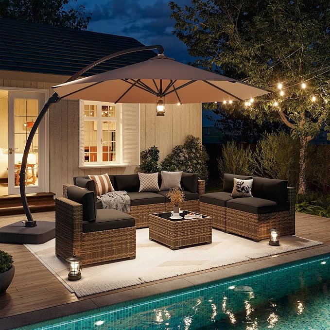Aoxun Patio Furniture Sets, 8-Piece Outdoor Patio Furniture with 11FT X 11FT Cantilever Umbrella, Wicker Outdoor Conversation Set Sectional Sofa for Backyard, Poolside, Garden
