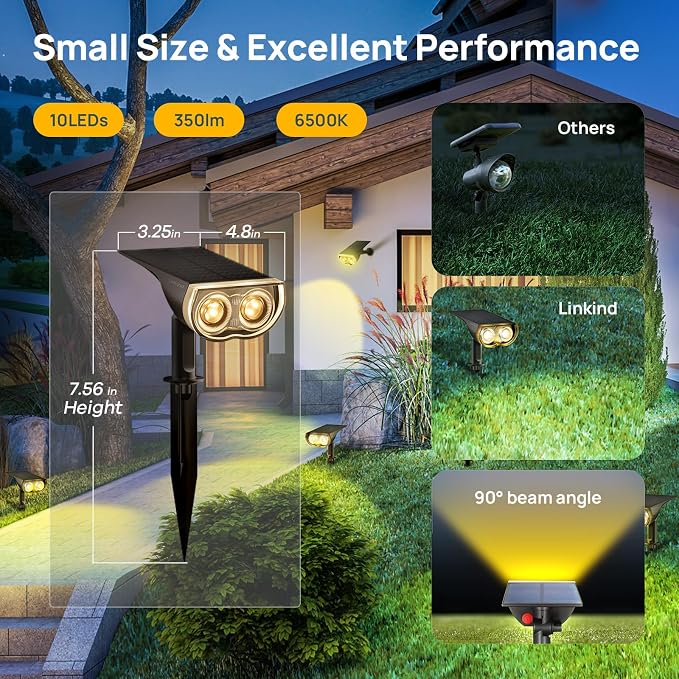 Linkind Solar Spotlights Outdoor Waterproof Dusk to Dawn Warm White 6 Pack | StarrayS Mini, 2 Lighting Modes, 3000K, IP65, Adjustable Head for Landscape Garden Yard Patio Flag Tree Backyard Pathway